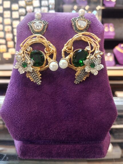 Emerald Green Stone & Gold Filigree Drop Earrings – Artistic Floral Statement Jewelry
