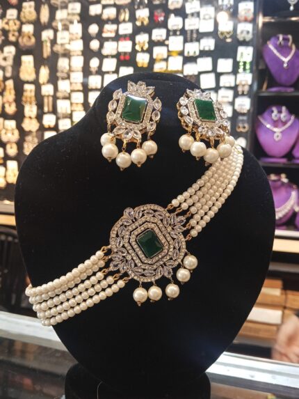Emerald Green Stone Choker Necklace & Pearl Drop Earring Set – Kundan Style Bridal Jewelry