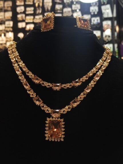 Champagne Topaz Double Layer Necklace & Rectangular Stone Earring Set – Gold Tone