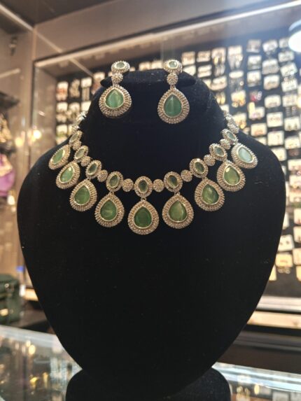 Mint Green Tear Drop Stone Necklace & Earring Set – Silver Tone Bridal Statement Jewelry