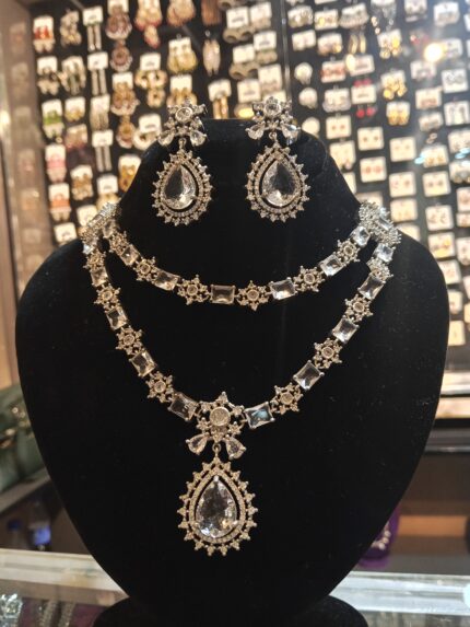 Double Layer Clear Crystal Necklace & Tear Drop Earring Set - Diamond Look Bridal Jewelry