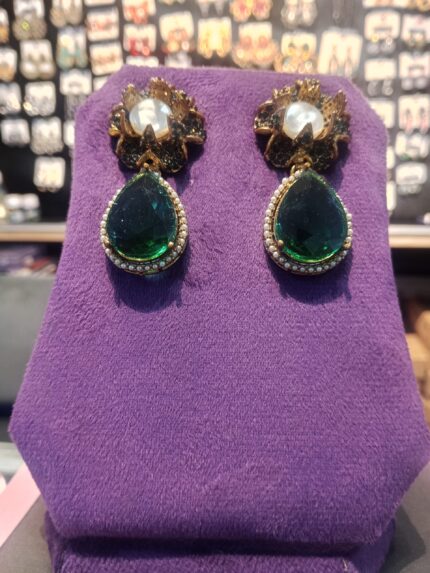 Emerald Green Tear Drop & Pearl Lotus Stud Earrings – Antique Gold Statement Jewelry