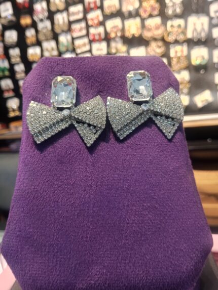 Dazzling Crystal Bow Stud Earrings – Silver Tone Geometric & Pave Statement Jewelry