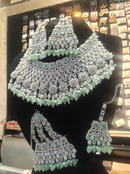 Mint Green & Clear Crystal Choker Set with Ear Cuffs/Jhumkis – Silver Tone Bridal Jewelry