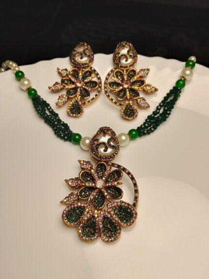 Emerald Pave Floral Pendant & Pearl Beaded Necklace Set