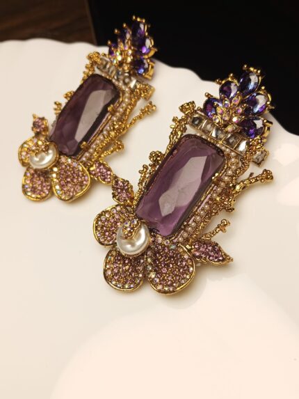 Regal Amethyst & Purple Statement Drop Earrings | Gold Pave