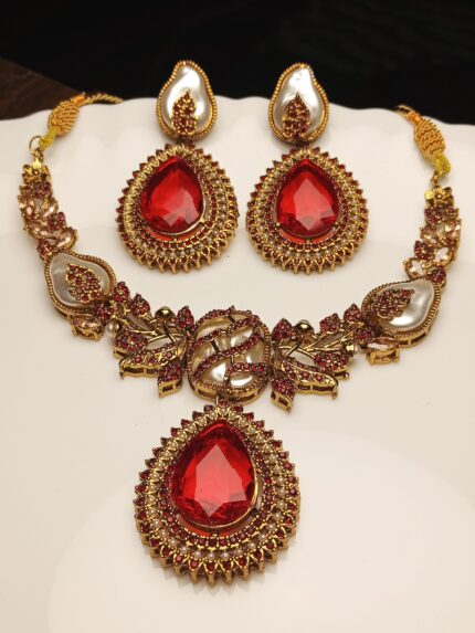 Regal Ruby Red Teardrop Choker Necklace Set | Gold Finish