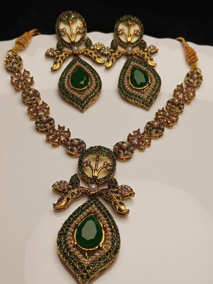 Here is the SEO-optimized content for the stunning green and gold necklace set you uploaded
