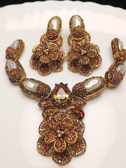 Luxury Topaz & Bronze Pave Floral Necklace Set | Statement