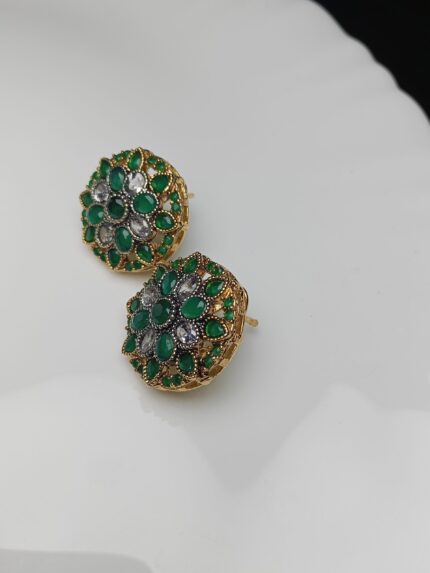Emerald Green Floral Kundan Stud Earrings | Gold Plated