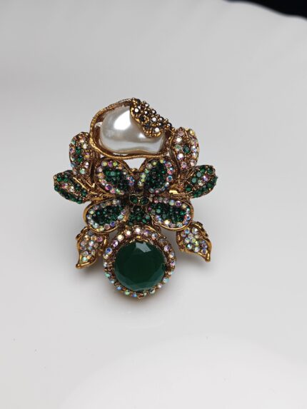 Emerald Green & Pearl Floral Statement Ring | Gold Finish