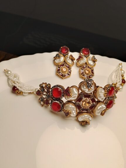 Regal Red & Pearl Kundan Choker Necklace Set