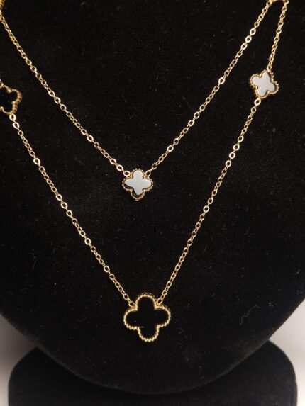 Gold Plated Layered Black & White Clover Motif Necklace – Long Chain Multi-Pendant Jewelry