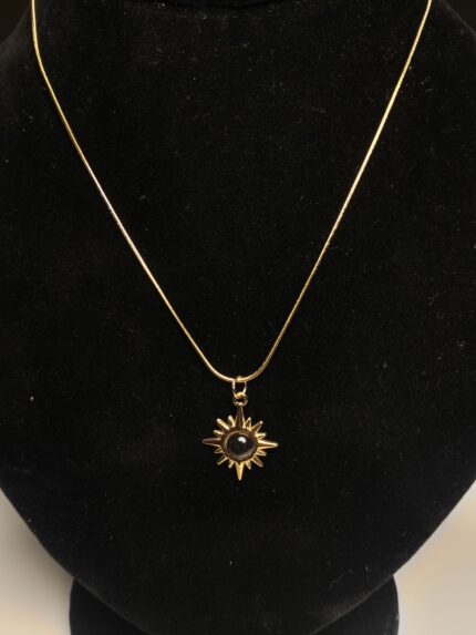 Gold Plated Sunburst Medallion Necklace with Black Gemstone - Cosmic Snake Chain Jewelry