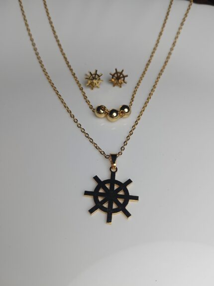 Gold Plated Layered Compass Wheel Necklace and Stud Earring Set – Nautical/Geometric Jewelry