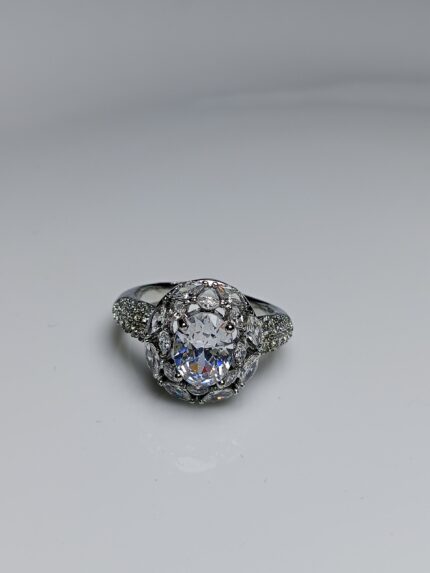 Oval CZ Halo Cluster Engagement Ring | Silver Finish