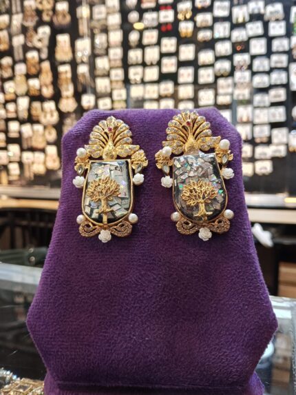 Luxury Tree of Life Mother of Pearl Drop Earrings with Kundan & Pearl Accents