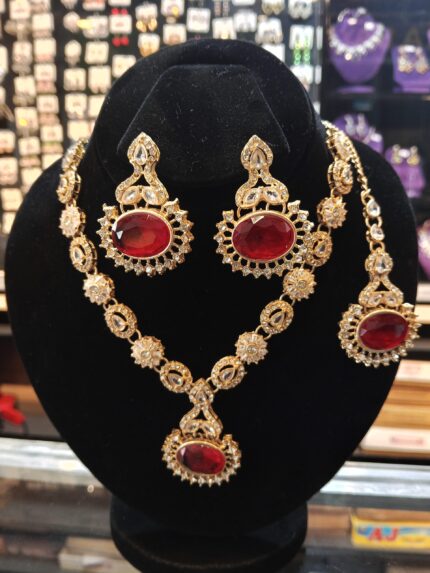 Regal Red Ruby & White Stone Kundan Style 3-Piece Jewelry Set (Necklace, Earrings, Tika)
