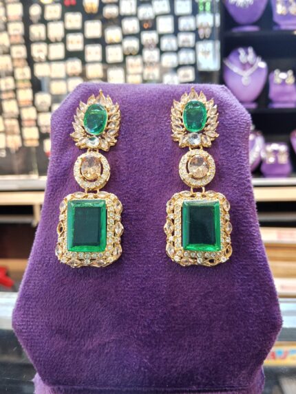 Emerald Green & Champagne Stone Statement Drop Earrings in Antique Gold Finish
