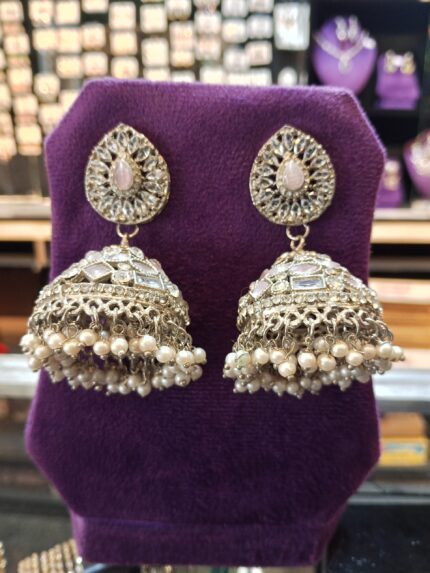 Classic Silver-Toned Kundan & Pearl Jhumka Earrings with Pink Accent Stone