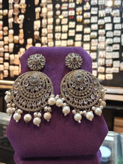 Grand Vintage Oxidized Silver Chandbali Earrings with Kundan and Pearl Drops