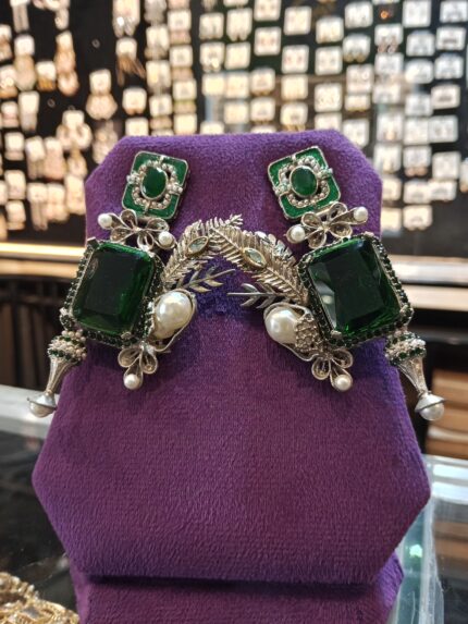 Designer Green Emerald Cut & Meenakari Stud Earrings with Detachable Silver Drop and Pearl