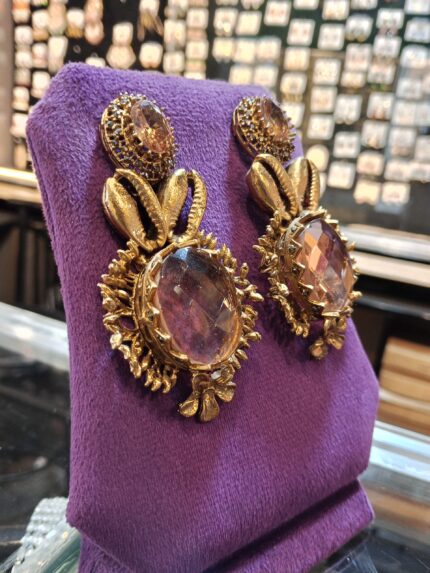 Designer Vintage-Look Earrings with Amethyst Stone, Sunburst Frame & Antique Gold Finish