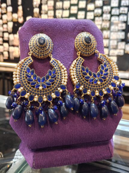 Regal Deep Blue Sapphire & Gold Chandbali Earrings with Beaded Drops
