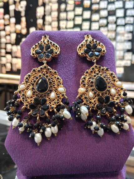 Dramatic Black & Gold Filigree Statement Drop Earrings with Pearl and Bead Dangles