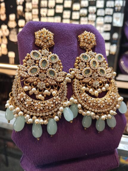 Grand Mint Green Polki Stone Chandbali Earrings with Pearl Cluster in Antique Gold