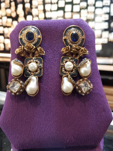 Designer Royal Blue Enamel Drop Earrings with Baroque Pearls, Navy Beads & Antique Gold