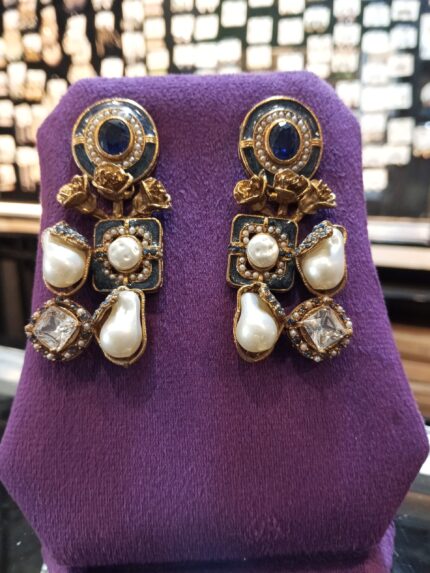 Designer Royal Blue Enamel Drop Earrings with Baroque Pearls, Navy Beads & Antique Gold