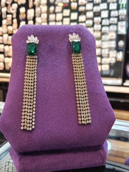 Modern Emerald Cut Green Stone Drop Earrings with Crystal Fringe Tassels