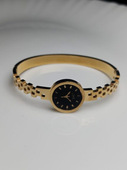 Gold Plated Mini-Watch Face Bangle Bracelet | Chain Link Style Cuff with Black Dial
