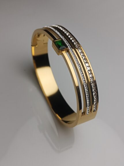Gold Plated Double Row Crystal Bangle with Emerald-Cut Green Accent Stone | Minimalist Jewelry