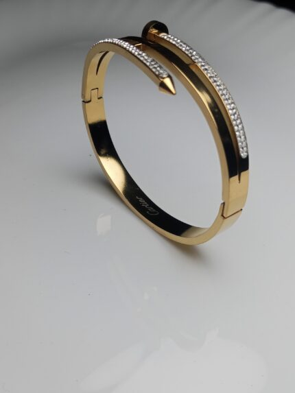 Luxury Gold Pave Crystal Nail Bangle Bracelet | Stainless Steel Statement Cuff