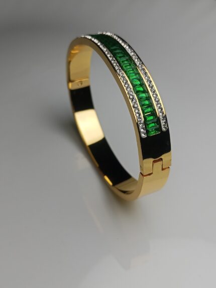 Luxury Gold Plated Bangle with Emerald Green Baguette Stones and Crystal Pavé