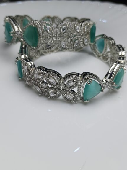 Mint Green Cat-Eye Stone Zircon Bangles Set - Luxury Silver Bridal Kada