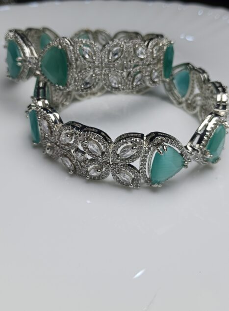 Mint Green Cat-Eye Stone Zircon Bangles Set – Luxury Silver Bridal Kada