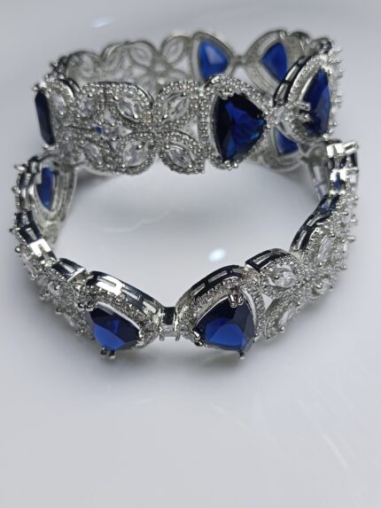 Royal Blue Cat-Eye Stone Zircon Bangles Set – Luxury Silver Bridal Kada