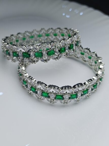 Emerald Green Zircon Luxury Bangle Set – Silver Pave Kada for Weddings
