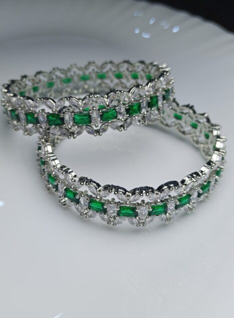 Emerald Green Zircon Luxury Bangle Set – Silver Pave Kada for Weddings