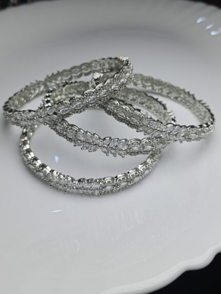 Luxury White Zircon Bangle Set – Elegant Silver Pave Kada for Brides
