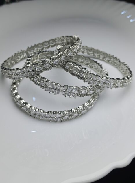 Luxury White Zircon Bangle Set – Elegant Silver Pave Kada for Brides