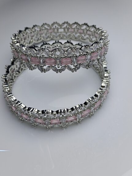 Rose Quartz Pink Zircon Luxury Bangle Set – Silver Pave Kada for Brides