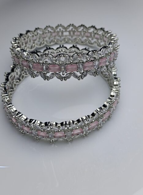 Rose Quartz Pink Zircon Luxury Bangle Set – Silver Pave Kada for Brides