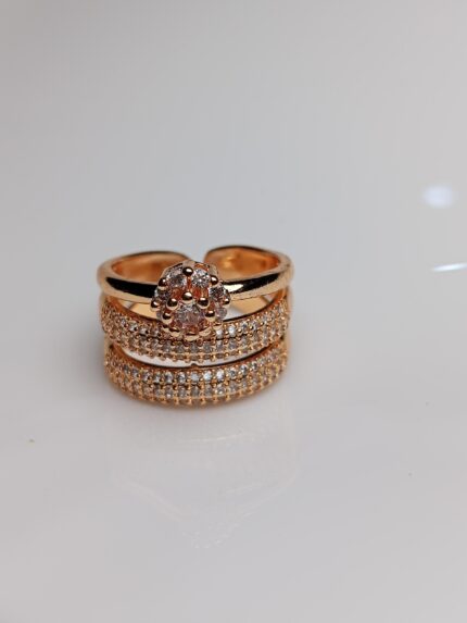Luxe Rose Gold Triple Band Adjustable Ring – Full Pave Bridal Stacker