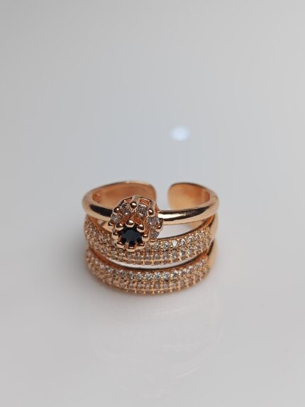 Bold Rose Gold Triple Band Adjustable Ring - Black Zircon Stacker
