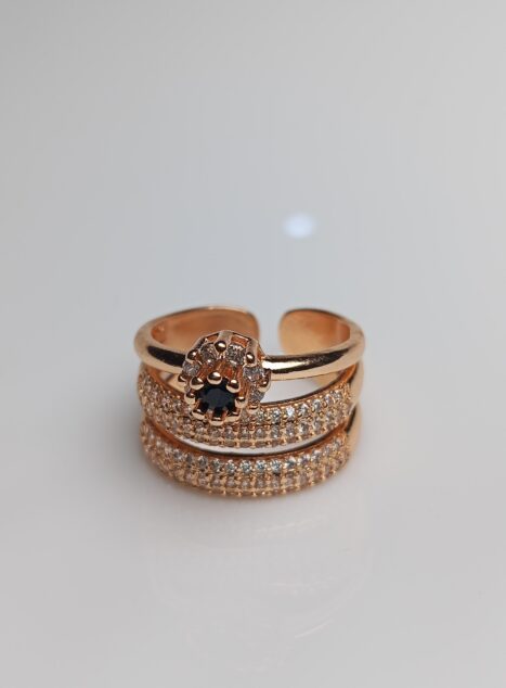 Bold Rose Gold Triple Band Adjustable Ring – Black Zircon Stacker