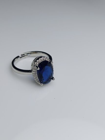 Majestic Oval Sapphire Halo Adjustable Silver Ring – Deep Blue Statement